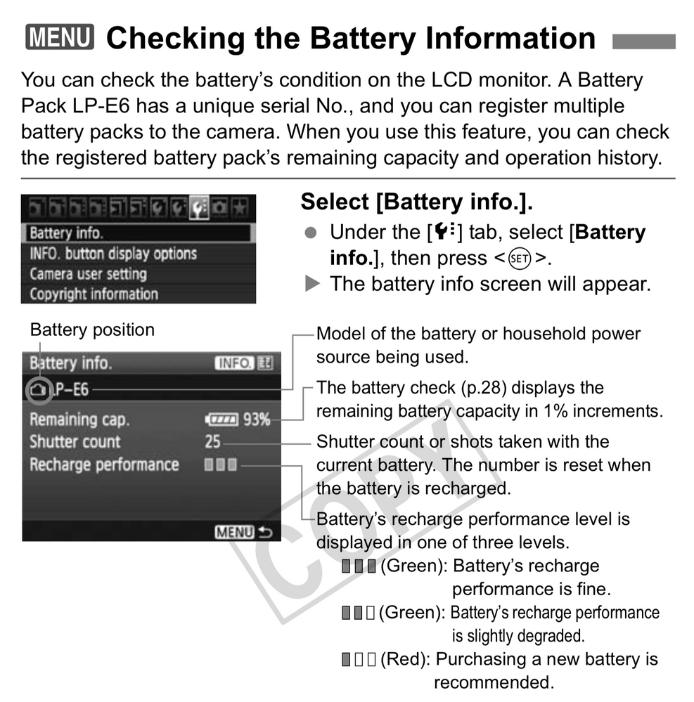 Canon 7D Battery Info for LP-E6