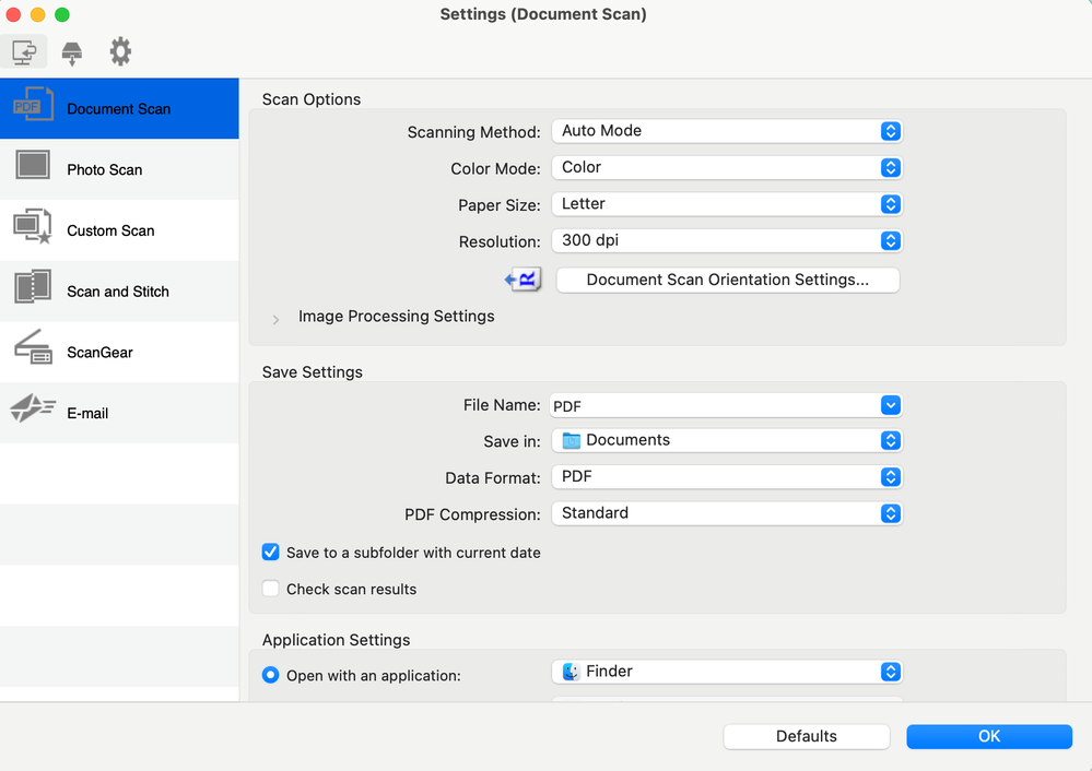 Canon MF Scan Utility Settings Screenshot