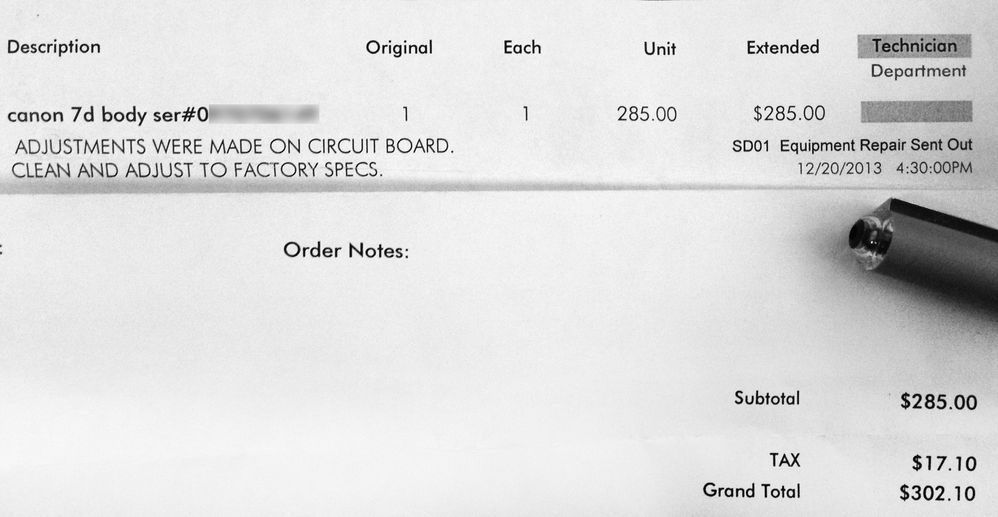 Canon Repair Invoice - 12/7