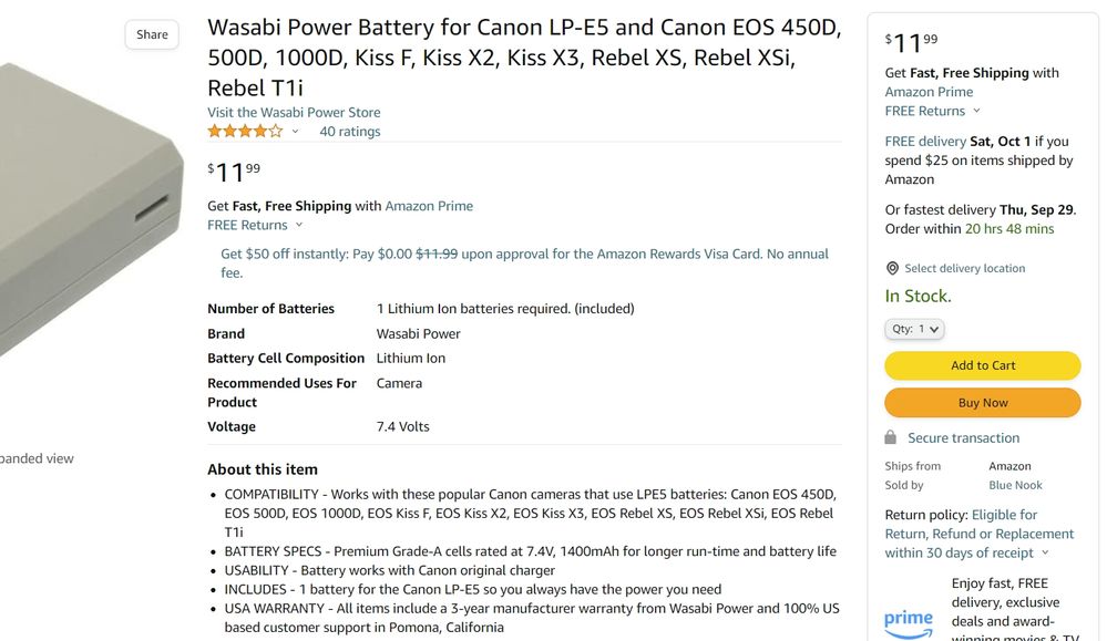 Wasabi Battery for Rebel XS on Amazon