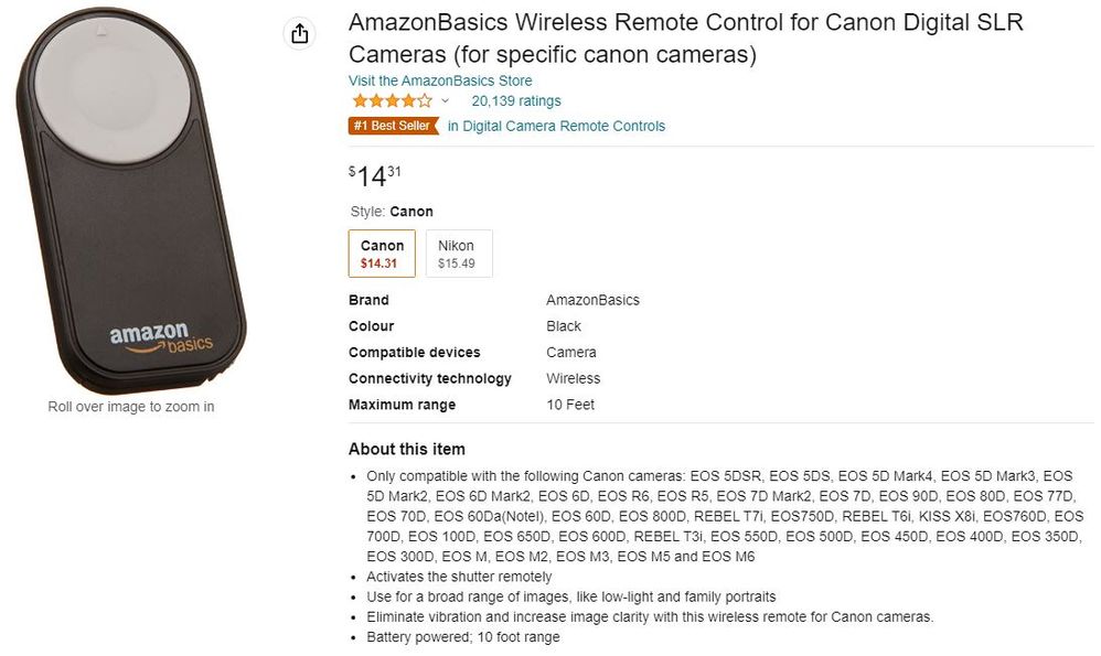 Basics Wireless Remote Control Shutter Release For Nikon Digital SLR  Camera, Black