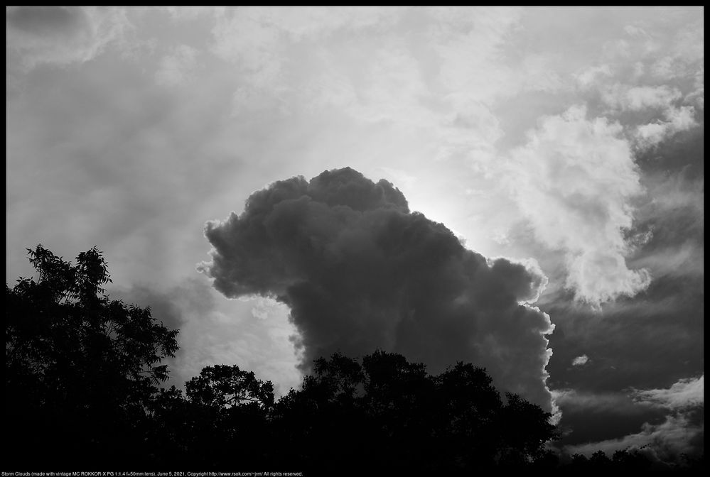 There were storm clouds in Norman, Oklahoma, United States on June 5, 2021. I made this image with a nearly 45 year old vintage MC ROKKOR-X PG 1:1.4 f=50mm lens.