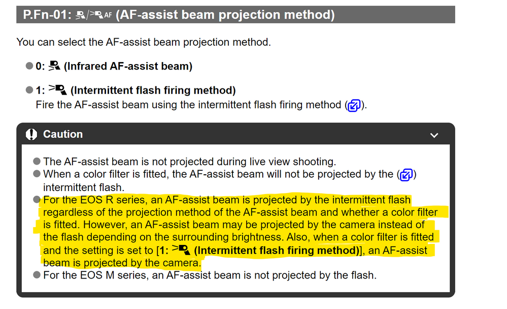 Note highlighted area applies to all of Canon's EX or EL speedlites. Some speedlites don't have a Personal/ Custom for AF Assist Beam Projection/ Emission Method. This is from the Speedlite EL-1 manual but the highlighted area applies to all EX or EL speedlites.