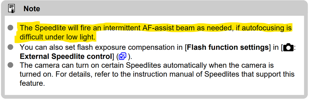 The camera body chooses where the AF Assist Beam will emitted. The body lamp or the speedlite via Intermittent Flashes. IR AF Assist is NOT Possible. Intermittent Flash is compatible with ALL Canon speedlites.