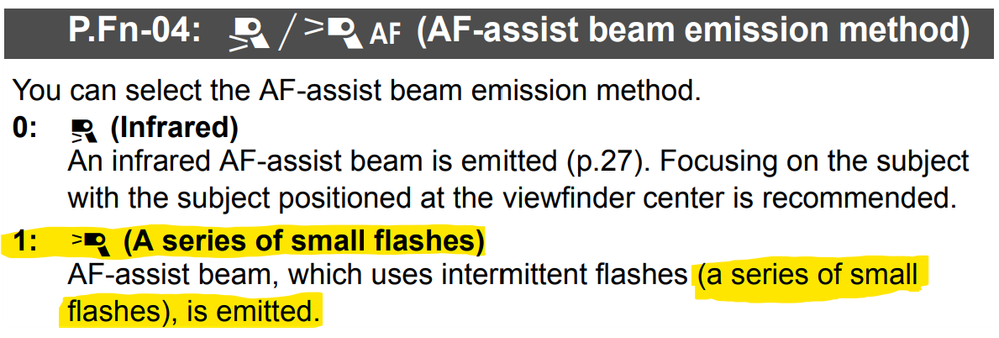 IR AF Assist IS NOT Possible. ONLY Intermittent Flashes will WORK regardless of the AF Assist Beam Projection Method