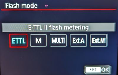 Flash metering mode (settable options vary on speedlite)