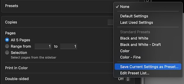 macOS Printer Presets
