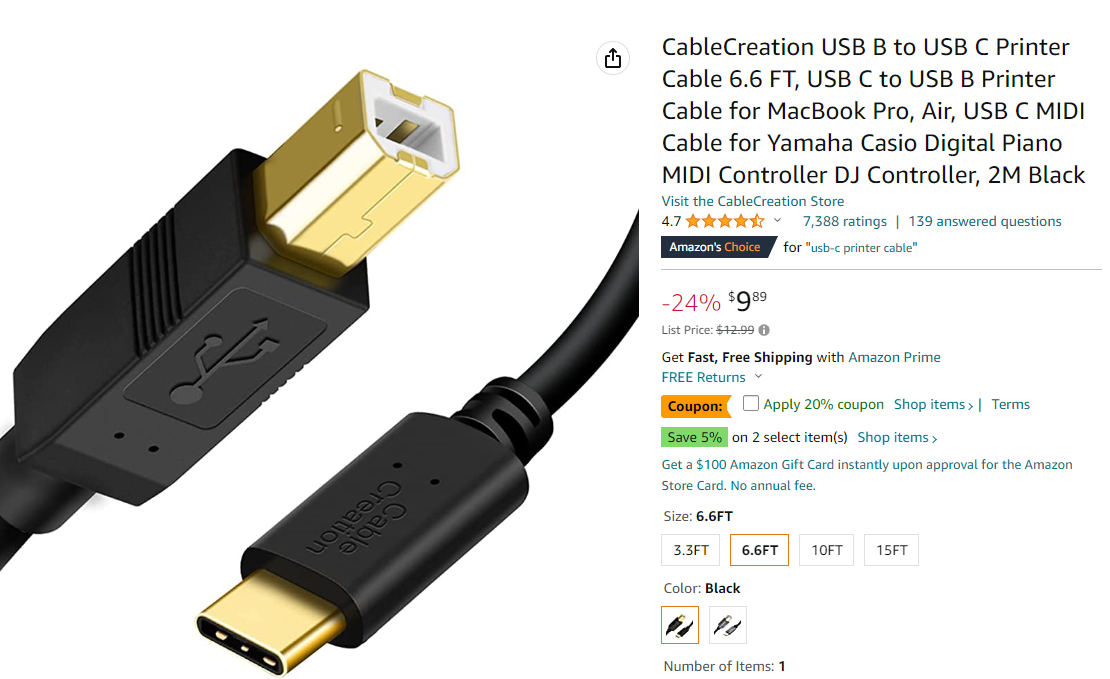 CableCreation USB B to USB C Printer Cable 10FT, USB C to USB B Printer  Cable for MacBook Pro, Air, USB C MIDI Cable for Yamaha Casio Digital Piano