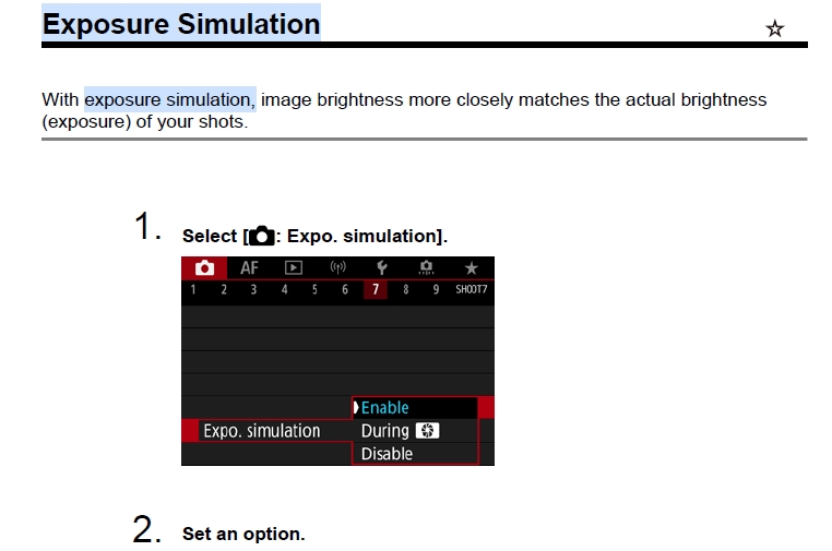 canon r5 exposure simulation not working