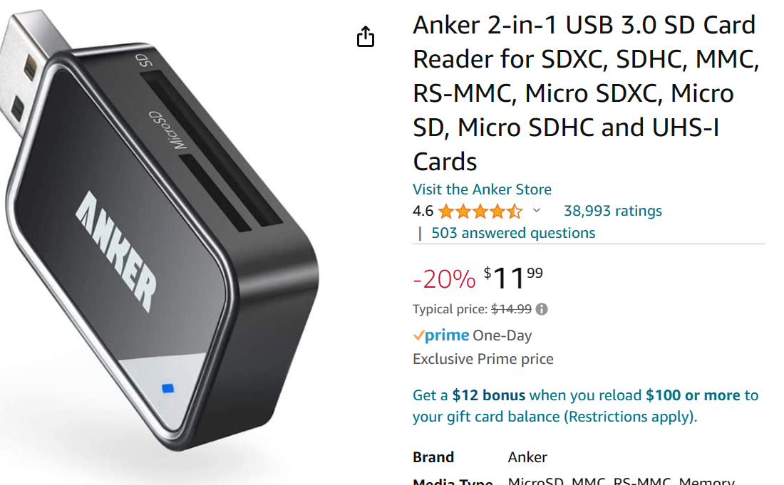 Anker 2-in-1 USB 3.0 SD Card Reader for SDXC/SDHC/SD/MMC/RS-MMC/Micro SDXC  