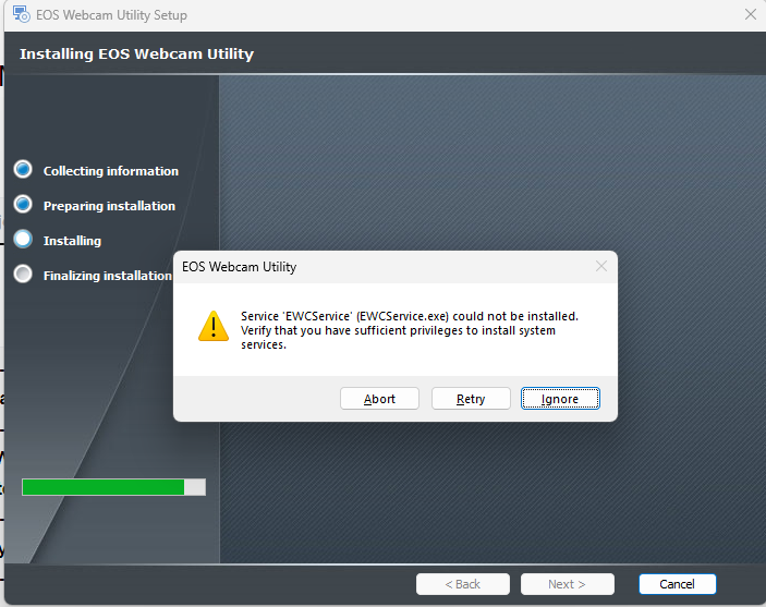 Error when installing the EOS webcam utility EWC Canon