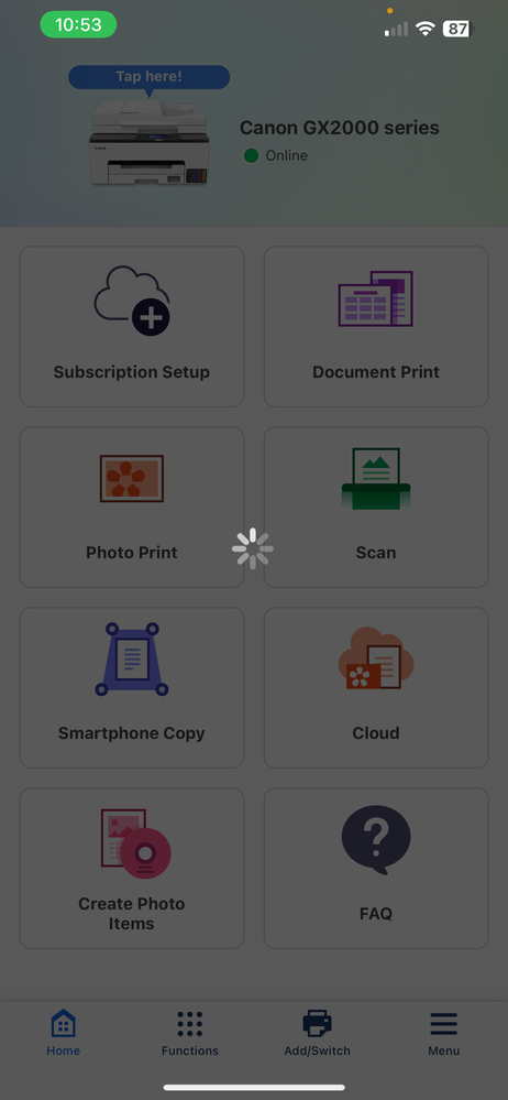 Canon PRINT iPhone app with continuous loading wheel.