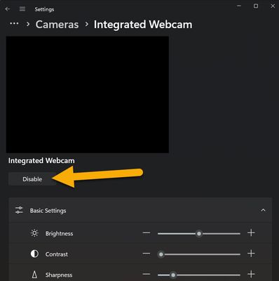 Disable Integrated Webcam - Settings, Magage Cameras, Select Integrated Webcam, Disable.jpg