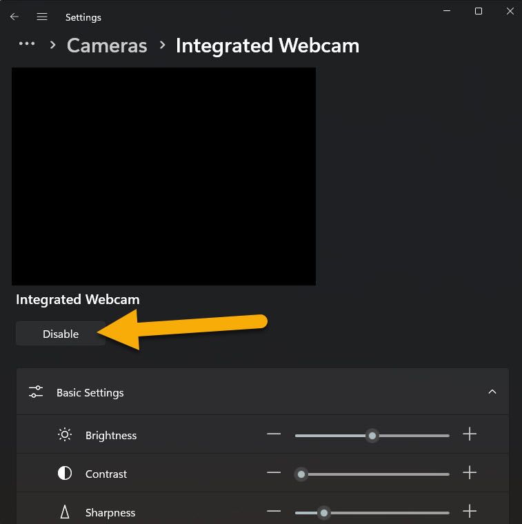 Disable Integrated Webcam - Settings, Magage Cameras, Select Integrated Webcam, Disable.jpg