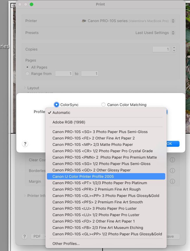 have of course tried different profiles. I have also tried to select an ICC profile from LrC with Canon Color Matching at no avail.