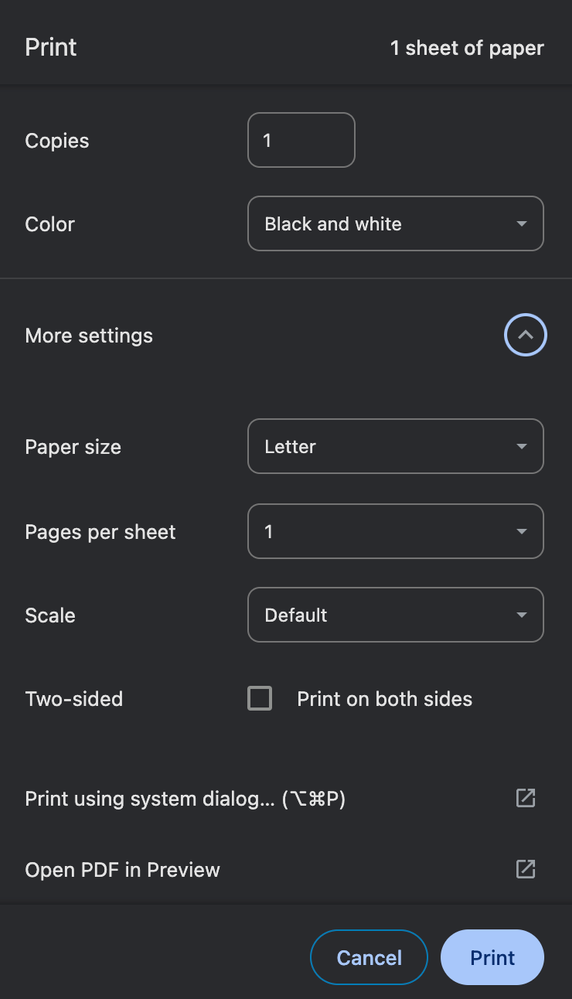 Cmd + P Print dialog box 1