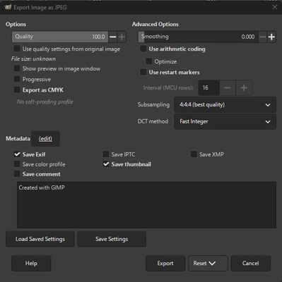 GIMP export dialogue box