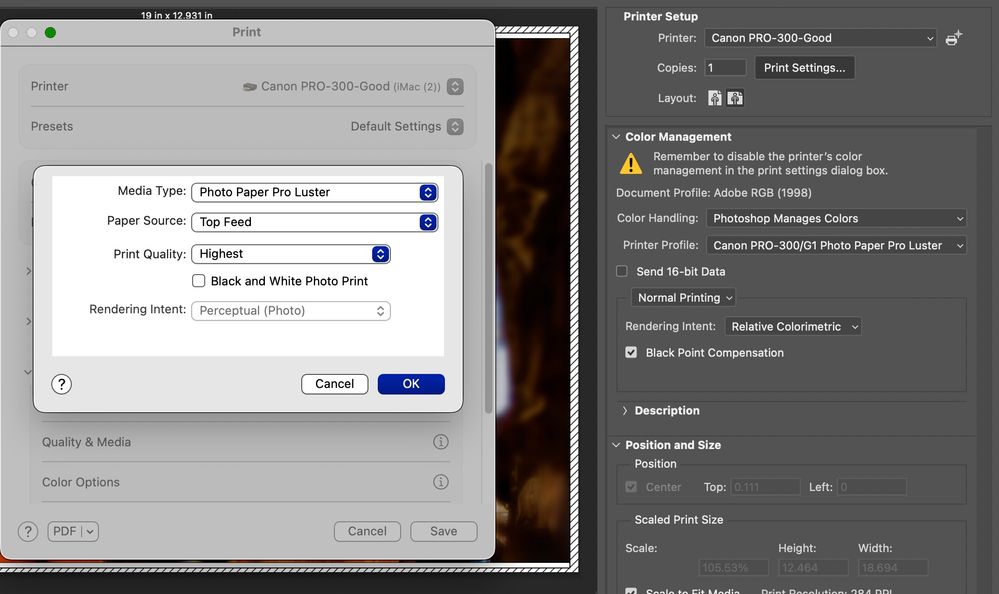 My print settings in PS 2026