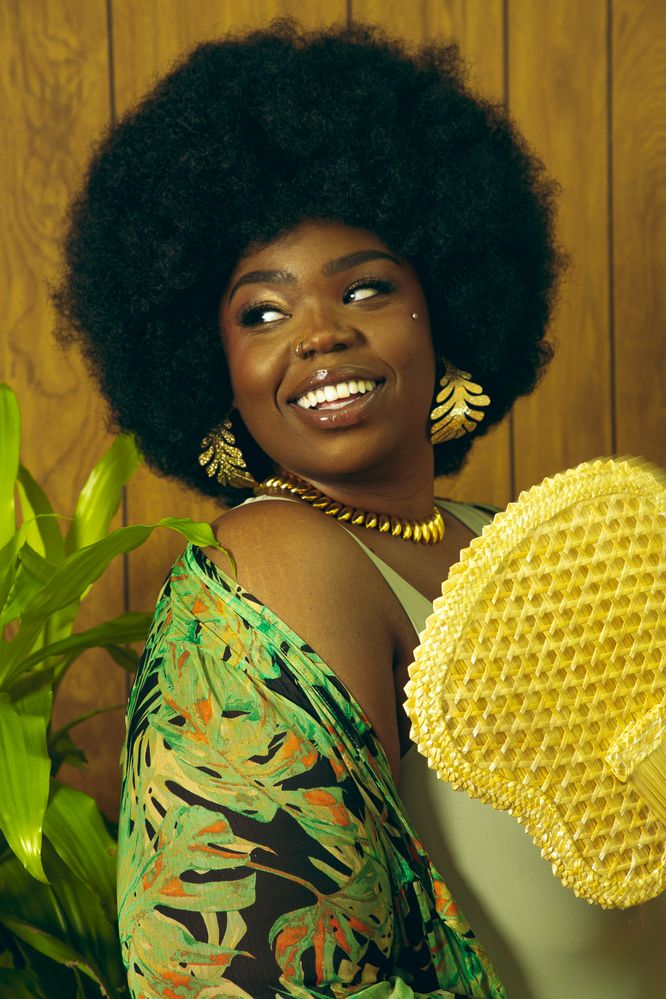 The female model smiling.