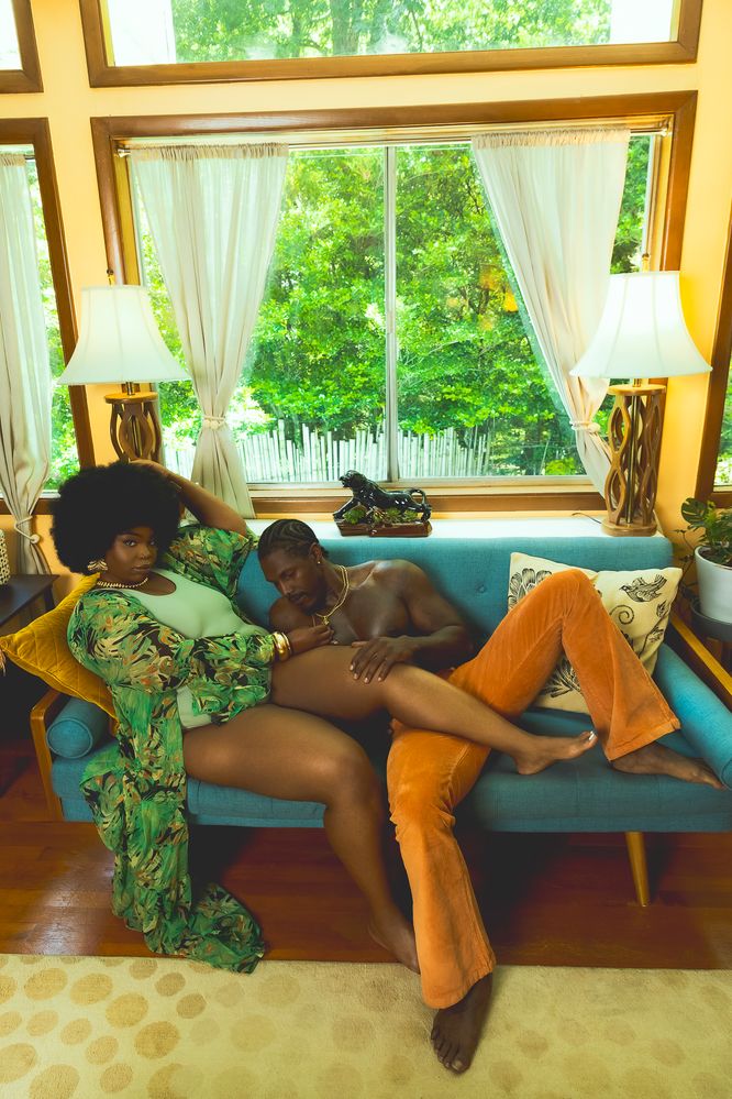 Both models relaxing in the living room