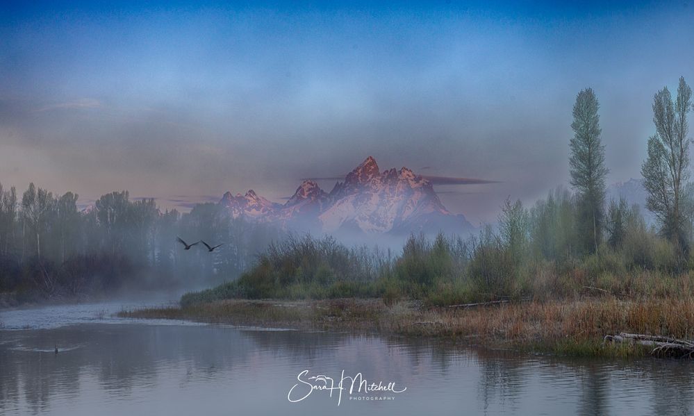 Foggy morning at sunrise in the Tetons